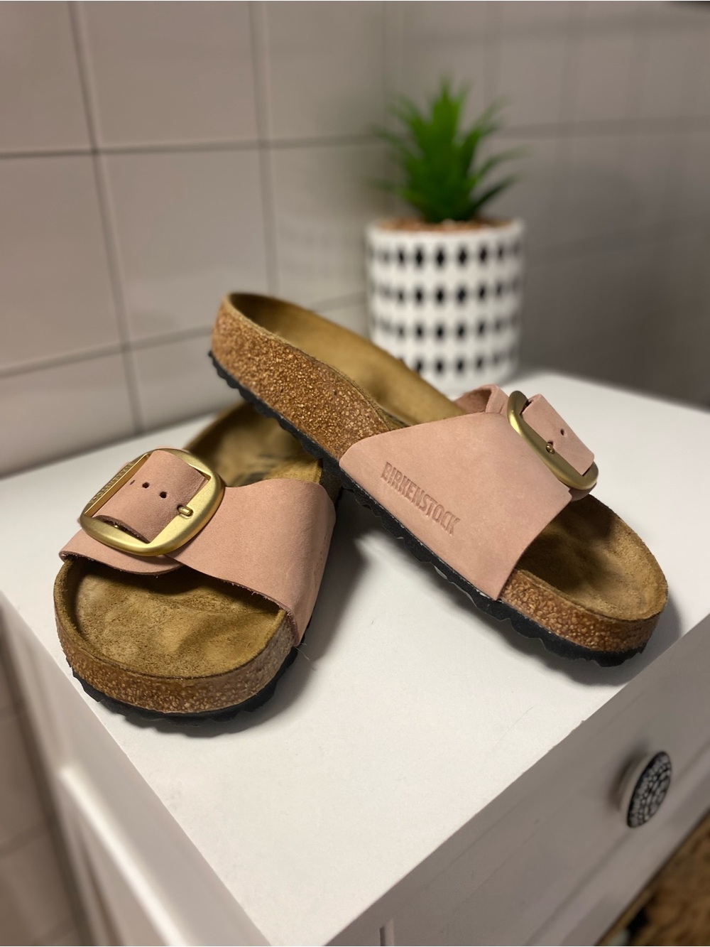 Birkenstock Madrid Big Buckle Slide Sandals in Blush Pink Suede